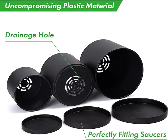 D'vine Dev 4 Inch 5 Inch 6 Inch, Set of 3 Plastic Planter Pots for Plants with Drainage Hole and Seamless Saucers, Black Color, Small, 74-V-B-1