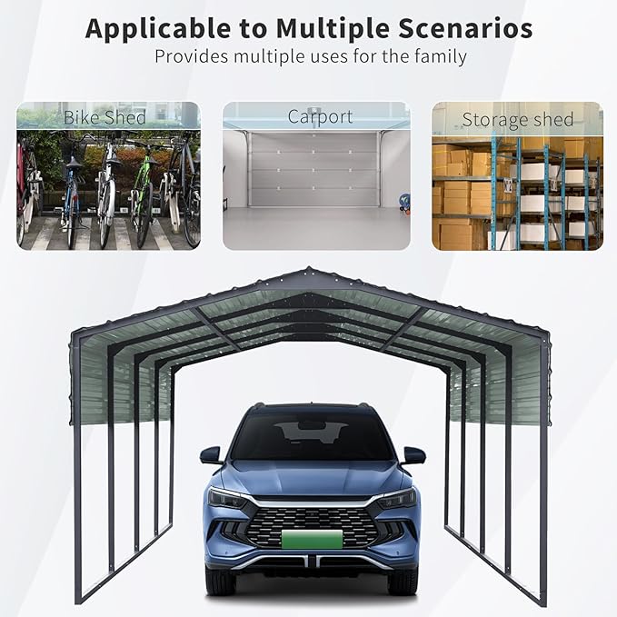 KEIKI 12x20 FT Steel Metal Outdoor Carport with Peaked Roof,Heavy Duty Vehicle Shed Canopy for Car,Truck and Boats