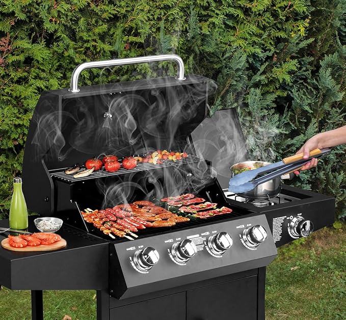 Bonnlo 4 Burner Propane Grills with Side Burner and Porcelain-Enameled Grates, 58000BTU Gas Grill with Side Shelf and Portable Rolling Wheels, Grill for Outdoor Cooking BBQ Patio Backyard