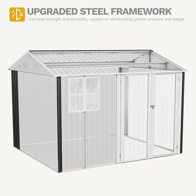 DWVO 10x8ft Large Tool Storage Shed with Window, Lockable Doors, and Sloped Roof, Oversized Steel Outdoor Storage Shed for Garden, Patio, Garage, Backyard, Lawn - Gray & White