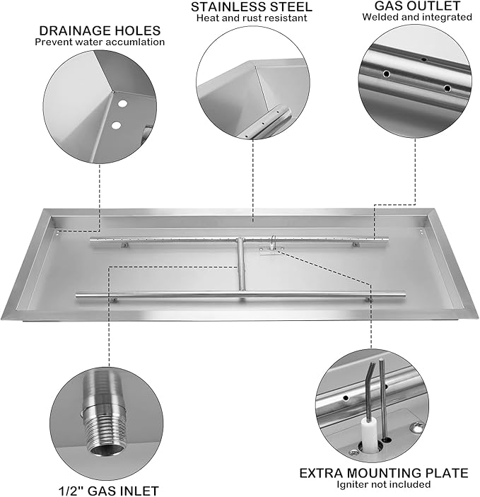 Stanbroil 24 x 8 Inch Rectangular Drop-in Fire Pit Pan with H-Burner, Gas Fire Pit Insert for DIY Fire Table, 304 SS, 90,000 BTU Max