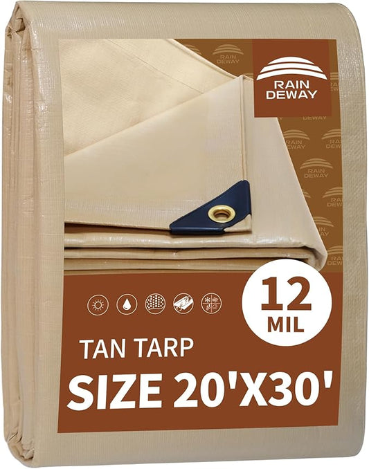 RAINDEWAY 20x30 Feet Heavy Duty Tarp,12 Mil Tan Waterproof Poly Tarp Cover,UV Resistant,Weatherproof,Durable,Multipurpose Tarps with Grommets and Reinforced Edges