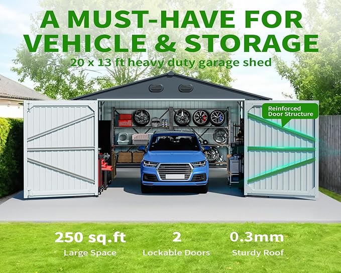 20x13 FT Outdoor Storage Shed, Metal Garage Shed with 2 Lockable Doors, Large Metal Building with 4 Air Vents, Galvanized Steel Prefab Garage Sheds for Car, Truck, Bike, Tool, Dark Gray