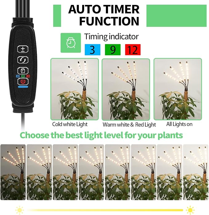 Grow Light with Moss Pole,Full Spectrum LED Plant Light for Indoor Plants,3/9/12H Timer, 10 Brightness,15-54.4 in Height Adjustable,Grow Lights with Plant Support for Monstera Indoor Climbing Potted
