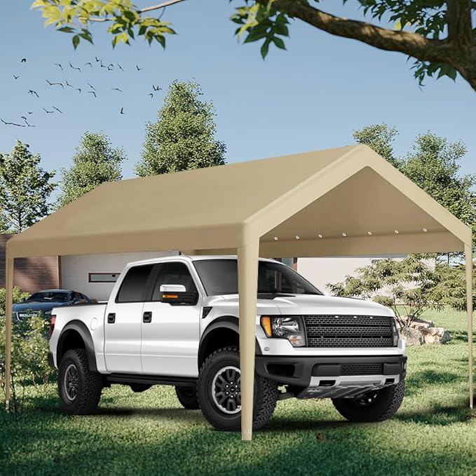 Carport Replacement Canopy, Replacement Top Cover for 12' x 20' Carport Frame, 180G PE Fabric Waterproof & UV Protected Tarp with Ball Bungees, Beige (Only Top Cover, Frame is not Included)
