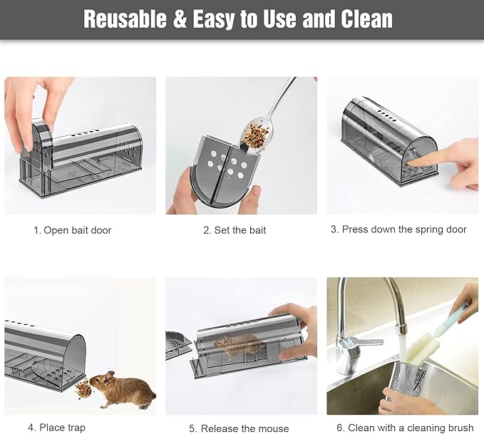 4 Pcs Humane Mouse Traps No Kill, Live Mouse Traps Indoor for Home, Reusable Mice Small Rat Trap Catcher for House & Outdoors(Grey)