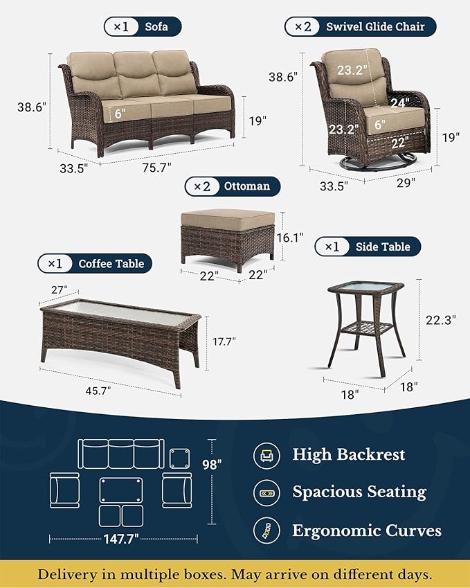 HILLGA Luxury Patio Furniture Set with 6-inch Thick Cushion, Outdoor Couch and High Back Swivel Rocker Patio Chairs, 7PCS Wicker Conversation Set for Deck Yard and Poolside, Beige (V2)