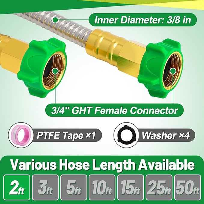 Short Garden Hose with Female to Female Connector - 2ft Metal Leakproof Leader Hose for Reel, Heavy Duty 304 Stainless Steel Flexible Water Pipe for Outdoor Garden Watering Car Pet Cleaning