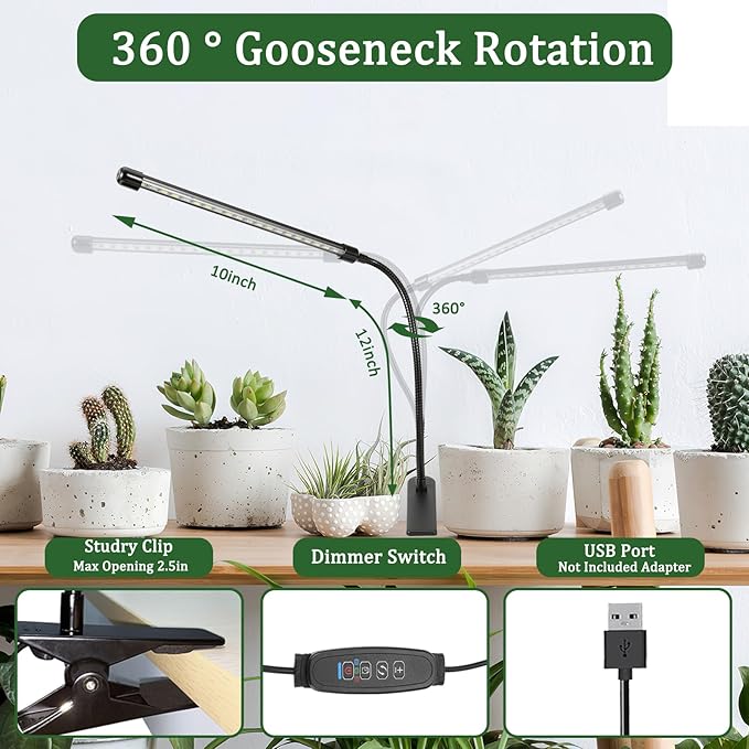 Grow Lights for Indoor Plants 20 LED, Indoor Plant Growing Lights Full Spectrum Auto ON Off with 3/9/12H Timer, Clip on PlantGrow Light Strips for Seed Starting 9 Dimmable Levels,2Packs