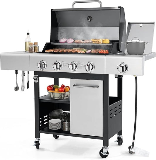 4-Burner Propane Gas BBQ Grill with Wheels, 40,000 BTU Output Stainless Steel Barbecue Grill for Backyard, Outdoor Cooking Easy Assembly, Foldable Side Tables & Spice Rack (Silver)