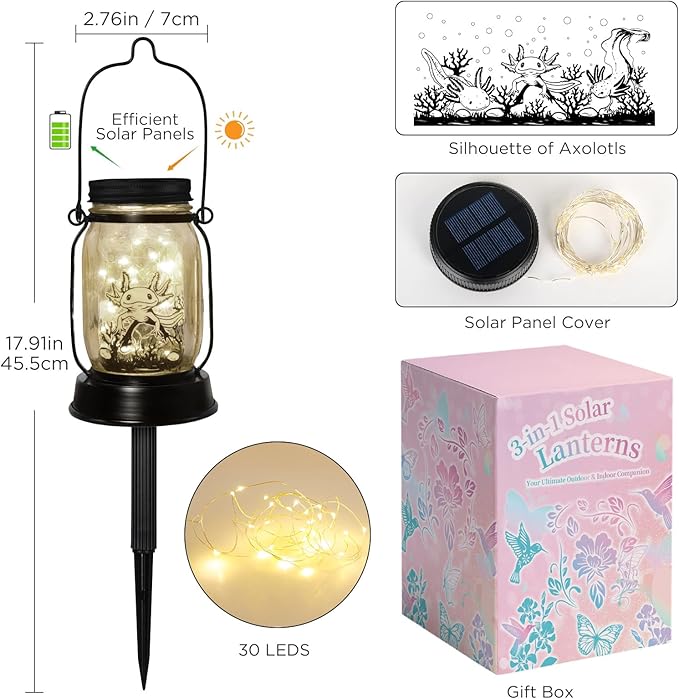 kyoryuger Axolotl Gifts for Women/Men/Kids Axolotl Solar Lanterns Mom Grandma Birthday Present Lantern Memorial Lights Solar Garden Decoration Outside for Yard, Patio,Backyard,Porch Torches