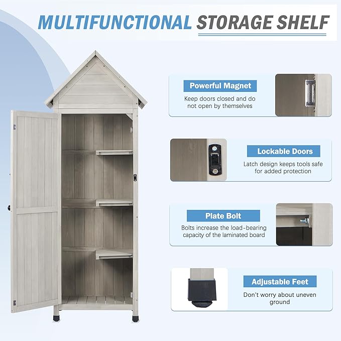 Wooden Outdoor Storage Cabinet,Tall Vertical Garden Tool Shed with Waterproof Metal Roof & Adjustable Feet – Perfect for Yard, Patio, Lawn & Deck (Gray, 22" x 26" x 67")