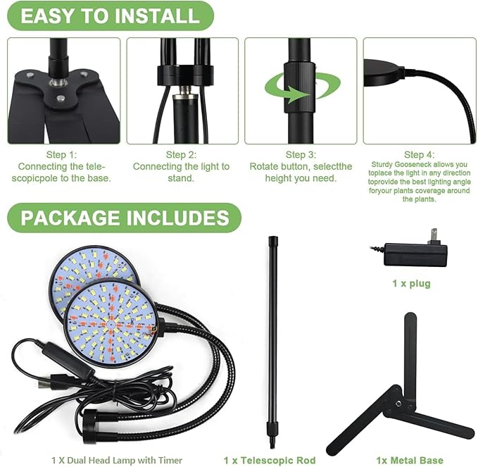 Grow Lights for Indoor Plant, 6000K 174LEDs Full Spectrum Plant Lights for Indoor Growing, 4.7'' LED Dual Ring Height Extendable Grow Light, Auto On Off Timing 4/8/12Hrs, 12V 3A Plug High Power Output