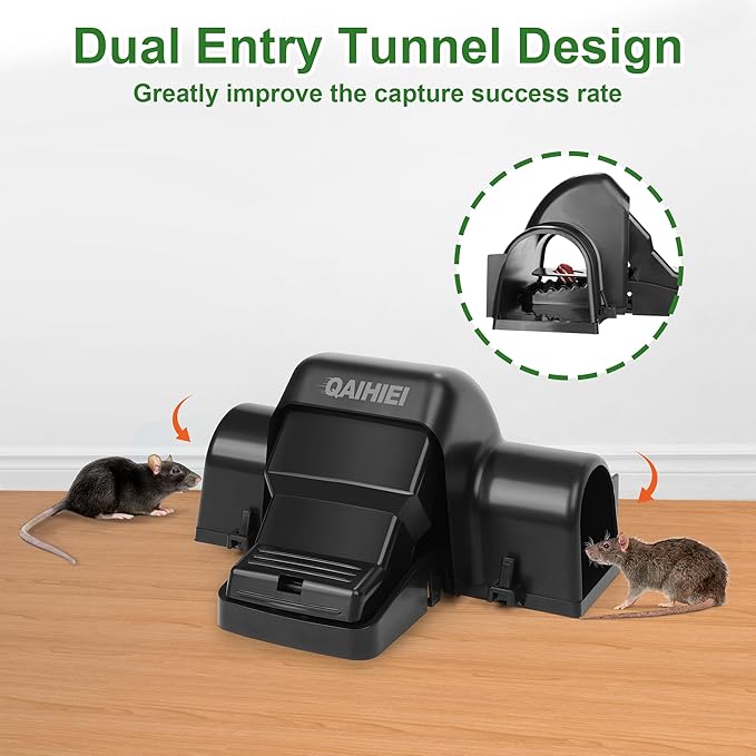 Rat Chipmunk Traps, Reusable Dual-Entry Tunnel Traps for Rats Mice Better Capture Rate, Covered Snap Trap for Humane Kill Indoor Outdoor for Home, Farm, Restaurants, 2 Pack