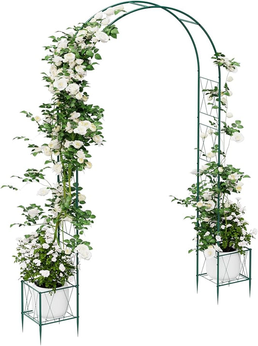 8.2Ft Garden Arch Trellis with Planter Boxes for Climbing Plants Outdoor, Metal Wedding Arch Frame for Ceremony, Pumpkin Archway Garden Arbors and Arches for Christmas Bridal Party Decoration(Green)