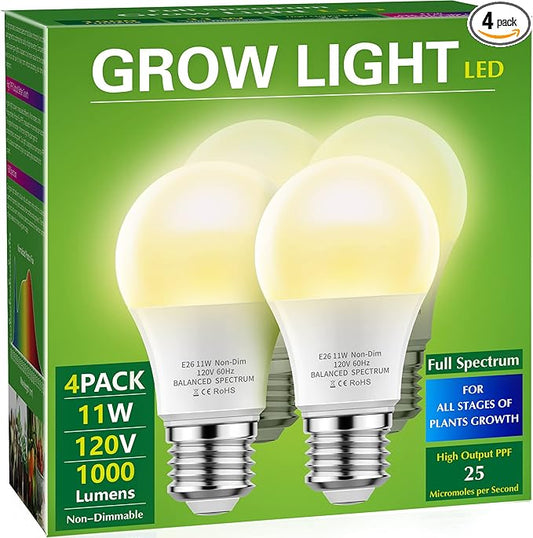 Briignite 4 Pack Grow Light Bulbs, LED White Bulb A19 Bulb, Full Spectrum Plant Bulbs E26 Base, 11W 100W Equivalent, for Indoor Plants, Seed Starting