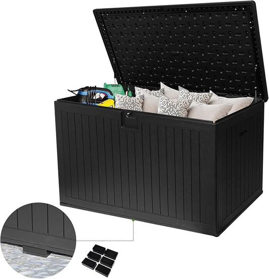 230 Gallon Outdoor Storage Box Waterproof, Extra Large Plastic Outside Deck Box Weatherproof, Resin Patio Storage Bin with Lock and Lids for Pool Equipment, Cushion, Black