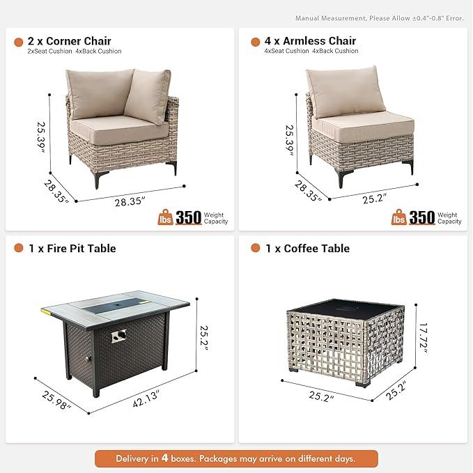 Outdoor Sectional Patio Furniture Set with Fire Pit Table and Glowing Table,8 Pieces Wicker Conversation Sets L Shaped Couch Out Door Sofa Set Outside Furniture for Garden Deck Yard,Beige