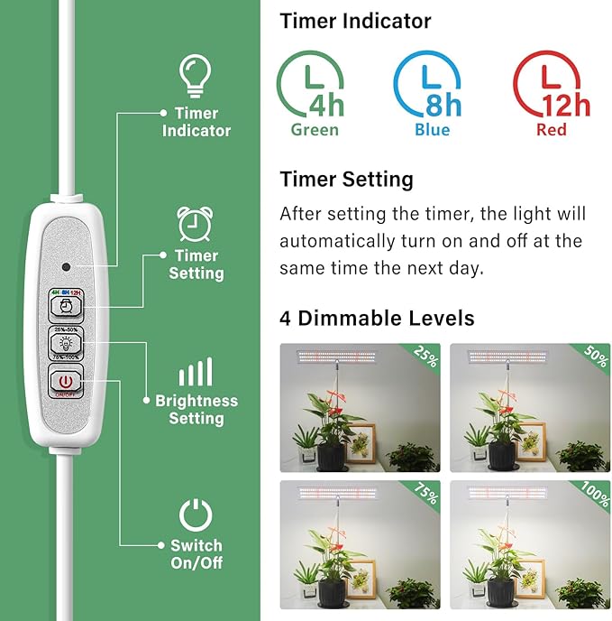 LORDEM Grow Light for Indoor Plant, Full Spectrum LED Plant Light, Height Adjustable Growing Lamp with Auto On/Off Timer 4H/8H/12H, 4 Dimmable Brightness, Ideal for Home Desk Plant Lighting, 2 Pack