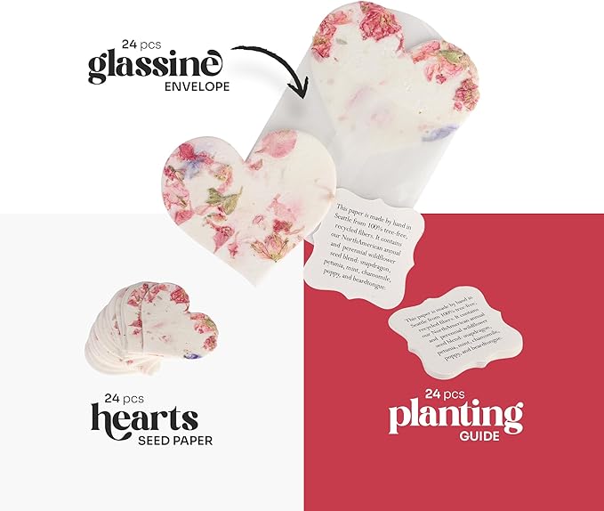 Set of 24 Pink Heart – Plantable Seed Paper Embedded with Wildflower Seeds for Bridal Shower, Wedding Gift, Birthday, & Other Milestone Celebrations