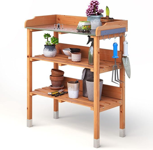 ARNOT Potting Bench,Outdoor Potting Bench Table with Sink and Storage Shelves, Wooden Garden Workstation for Gardening Tools, Planting, and Repotting – Natural Fir Wood (30" x 14.5" x 35")