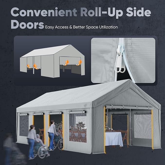 Quictent Heavy Duty 13x25 ft Carports with Side Zipper Doors & Snowproof Steel Cables & Ventilated Windows, Waterproof Storage Shelter for Car, Boat, RV, Outdoor Equipment, Gray
