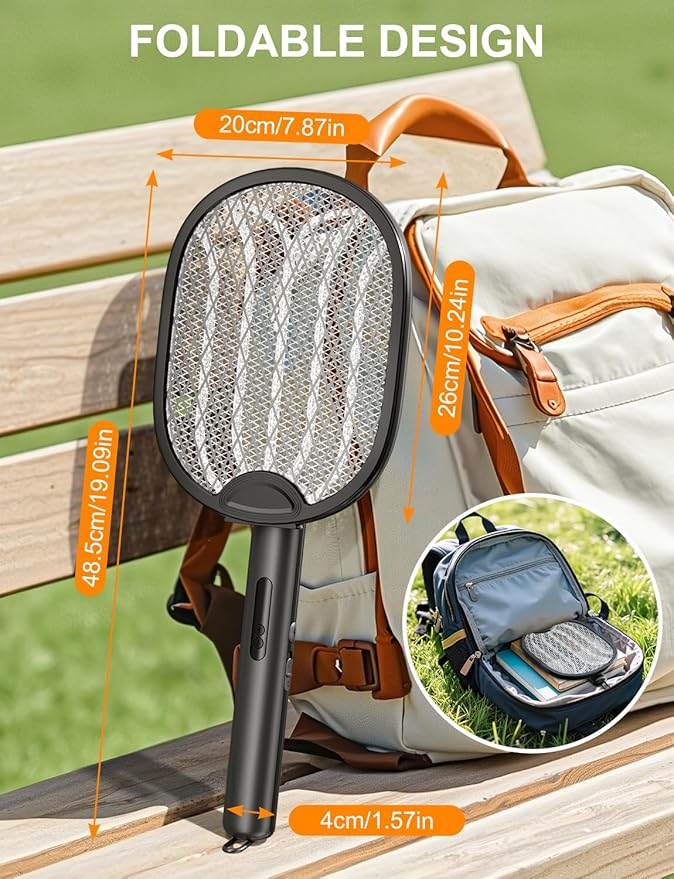 Electric Fly Swatter 4000V Bug Zapper Racket Foldable with Blue Light Dual Mode 1800mAh Rechargeable Battery 5-Layer Safety Mesh for Indoor & Outdoor(Black)