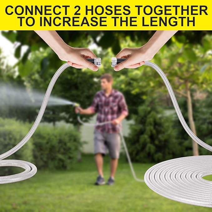 FOXEASE Metal water Hose 25 ft - Stainless Steel Water Hose with 2 Nozzles, Lightweight, Tangle Free & Kink Free, Heavy Duty, High Pressure, Flexible, Dog Proof