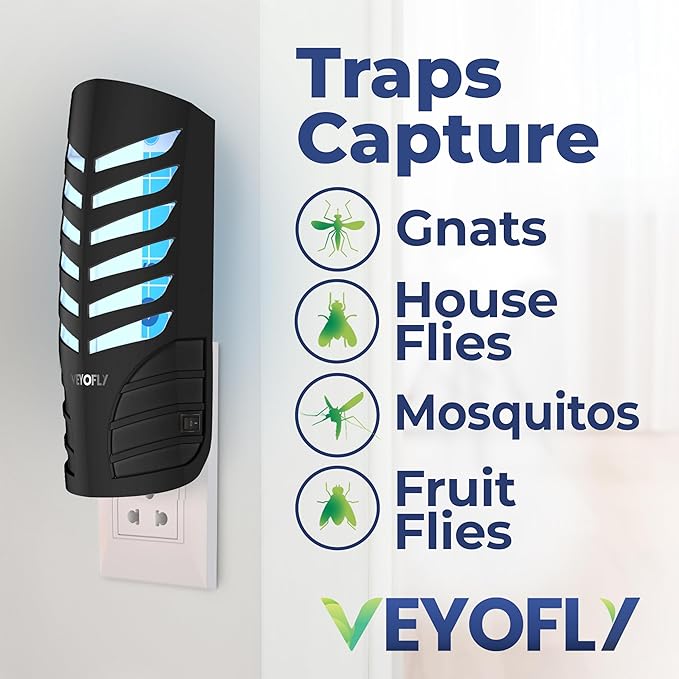 VEYOFLY Fruit Fly Traps for Indoors, Fly Trap Indoor, (4 Device + 12 Refills) Fly Catcher Indoor, Gnat Traps for House Indoor, Fly Trap, Plug in Light Flying Insect Trap, Bug Killer