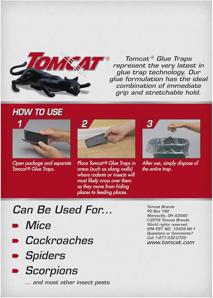 Tomcat Mouse Trap with Immediate Grip Glue for Mice, Cockroaches, and Spiders, Ready-to-Use, 4-Pack (16 Glue Traps)