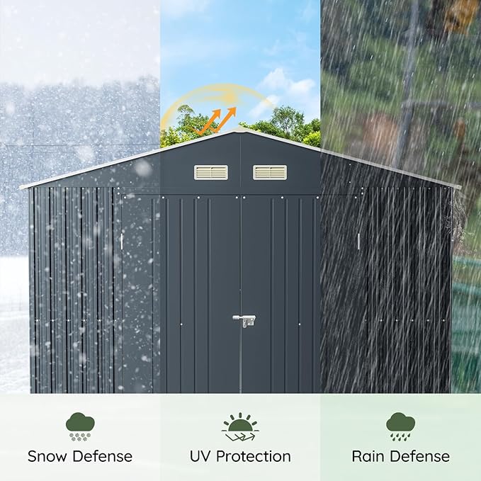 10x12 FT Outdoor Metal Storage Shed with Floor Frame, Double Swing Doors, 2 Clear Windows, Replaceable Skylight Roof Panel, Tool Shed for Garden, Patio, Backyard