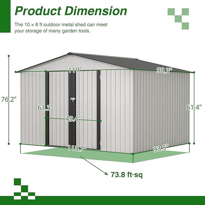 10X8 FT Outdoor Storage Shed, All Weather Metal Sheds with Lockable Doors, Tool Shed for Garden, Patio, Backyard, Lawn (White, 10x8ft)