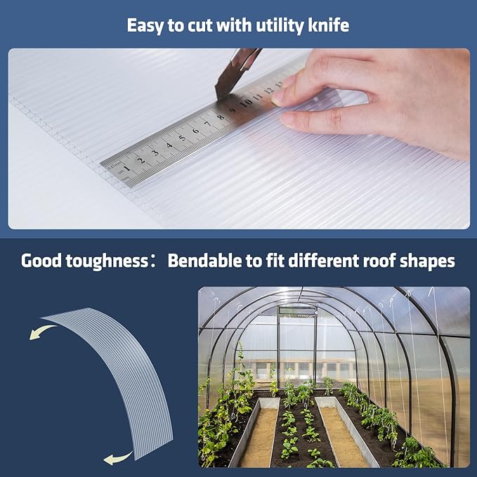 UMIG 12 PCS 4' x 2' x 0.16'' Polycarbonate Greenhouse Panels, Twin-Wall Waterproof UV Protected Corrugated Plastic Roof Panels Sheets, Clear Replacement Panels for Greenhouse, Outdoor, Plant