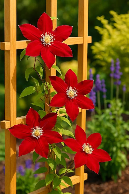 Perennial Farm Clematis 'Rebecca' Hybrid – Live Flowering Vine in 4 Quart Container, Large Velvety Red Blooms, Long Blooming, Compact Climber, Ideal for Trellises, Arbors & Containers