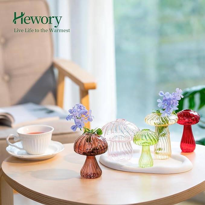 Mushroom Jars for Plants, Hewory 5pcs Colored Glass Mushroom Bud Vase for Flowers, Unique Plant Propagation Stations Propagating Vases Decor, Mini Cute Hydroponic Terrarium Planter for Indoor Planters
