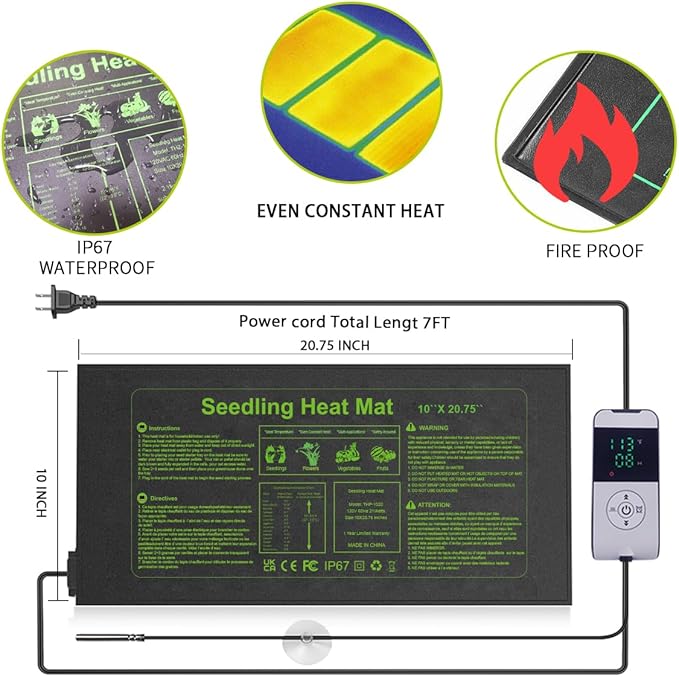 Seedling Heat Mat 10X20.75`` with Thermostat Temperature Controller Auto Off Timer Durable Waterproof Plant Heating Pad Warm Hydroponic Heating Mat for Seed Starting Germination Plant Propagation (1)