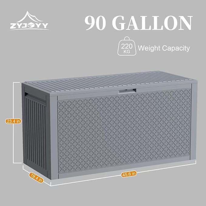 Outdoor Storage Box, 90 Gallon Deck Box, Waterproof Resin Storage Bin for Patio Cushions, Gardening Tools, Lockable, UV Resistant, Grey