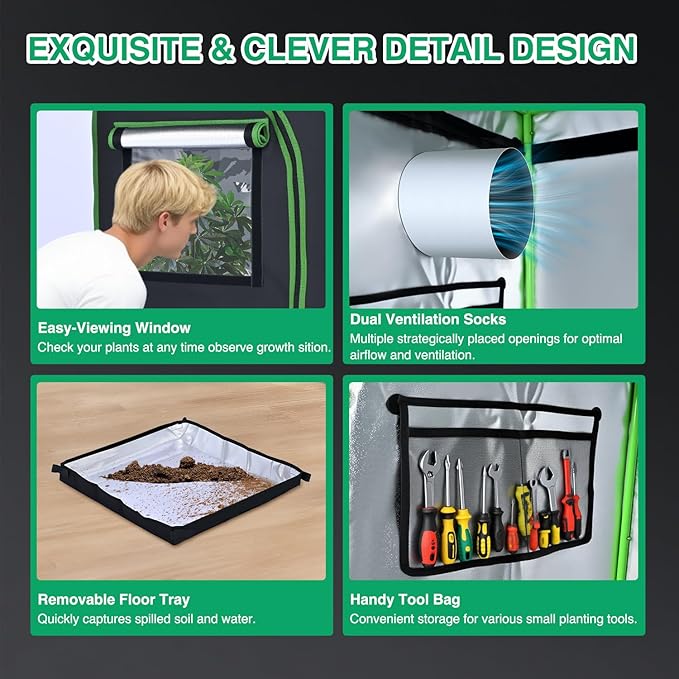 Yesker 3x3 Grow Tent 36"x36"x72" High Reflective Mylar Indoor Growing Tents 600D Oxford Cloth with Observation Window and Removable Floor Tray for Hydroponics Indoor Plants Fruit Flower Veg Growing