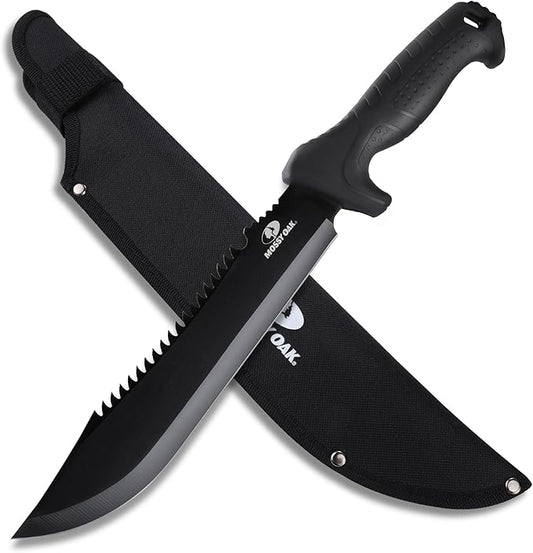 Mossy Oak Machete with Saw, 16" Sharp Machete with Sheath, Ergonomic No-Slip Handle for Bushcraft, Outdoor Hunting, Garden Cutting Small Trees and Yard Work
