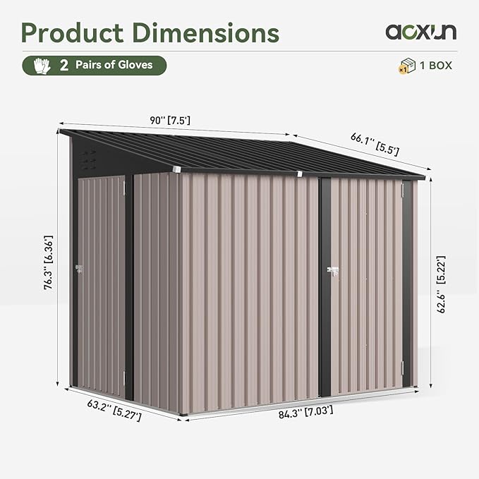 Aoxun 7x5 FT Lean to Shed Garden Metal Storage Shed with Lockable Doors Outdoor Bike Shed for Backyard, Patio, Poolside (Brown)
