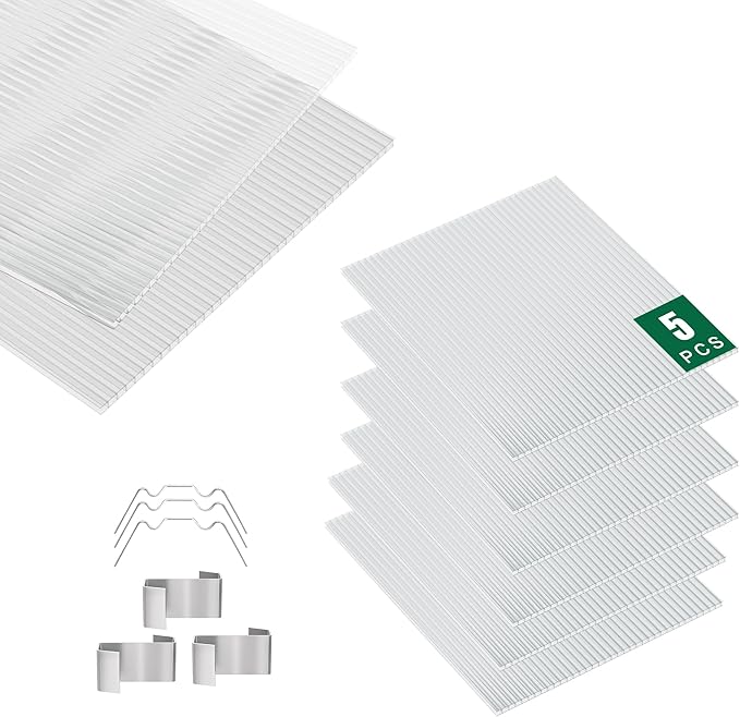 5 Pack Clear Polycarbonate Greenhouse Panels,Twin-Wall Polycarbonate Sheets for Roofing,Greenhouses ,Weather Resistant for Roof, Siding, and Sunroom( 4ftx2ftx0.16in)