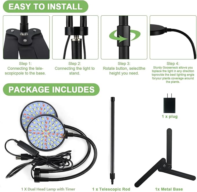 Grow Lights for Indoor Plant, 6000K Full Spectrum Plant Lights for Indoor Growing, 3.5'' LED Dual Ring Grow Light, Height Extendable 9-16'', Auto On Off Timing 4/8/12/18Hrs (Black)