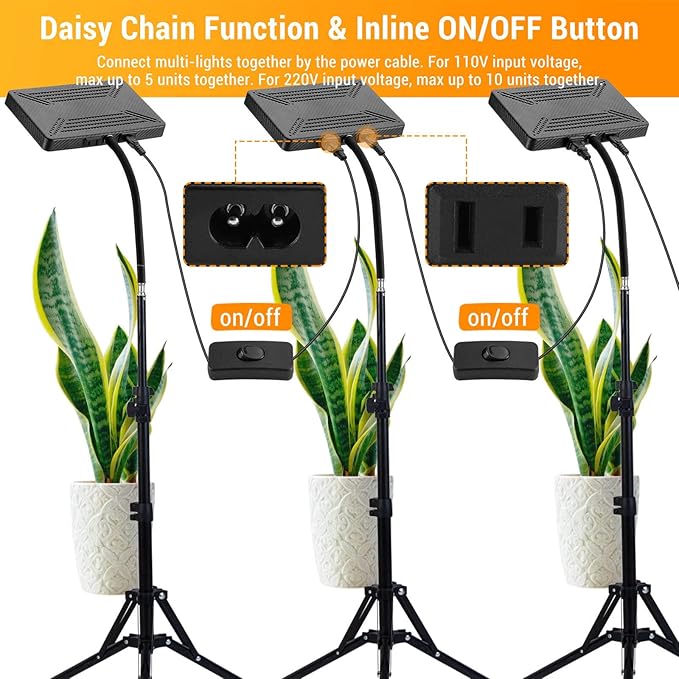 FECiDA Sunlight Plant Grow Light with Tripod Stand, 25 Watt Grow Lights for Indoor Plants, Seed Starting, Daisy Chain Function, Plug and Play, 24"-64" Height Adjustable
