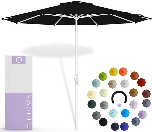 Midtown Umbrellas The Swilt 10 Feet Patio Umbrella in Terylast Ebony (Black) Polyester Fabric - Fiberglass Ribs, Auto-Tilt Aluminum Frame For Backyard, Deck, Garden, Pool - White Pole