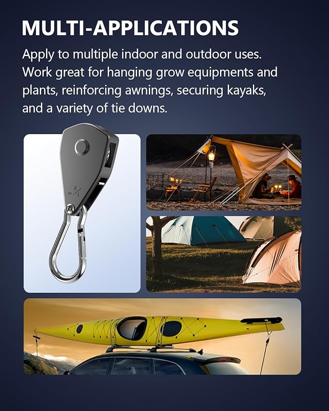 VIPARSPECTRA Retractable Heavy Duty Ratchet Tie Down Straps [8 Pack, 8ft, 75lbs/Pack], Rope Pulley System with Carabiner Hook Rope Adjuster for Hanging Plants/Grow Light/Tents Various Tie-Down Uses