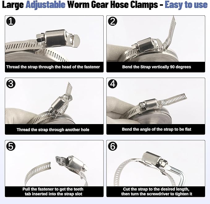 Hose Clamps Assortment Kit, Worm Gear Duct Pipe Hose, 50FT 304 Stainless Steel Band Fittings Strap DIY Large Adjustable Metal Bolt with 24 Fasteners Screw for Plumbing Auto Tube Fuel Line