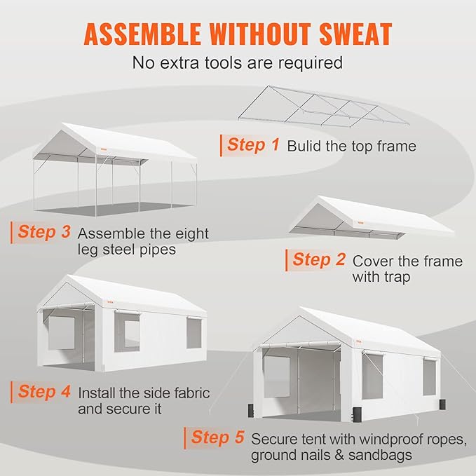 VEVOR Carport, 12'x20' Extra Large Heavy Duty Carport, Upgraded Portable Garage Car Canopy with Roll-up Ventilated Windows, Removable Sidewalls, Waterproof UV Resistant All-Season Tarp for Parking