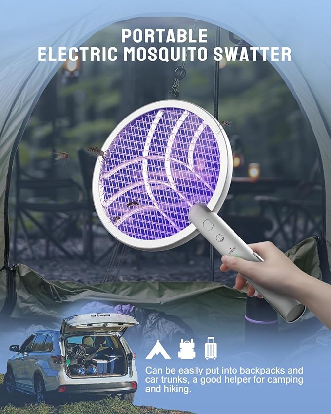 Electric Fly Swatter Racket, Mosiller 2 in 1 Smart Bug Zapper & Power Take Off Generators with USB Rechargeable Base, Powerful Mosquitoes Trap Lamp & Fly Killer for Home, Bedroom(Light Grey（2 Pack）)