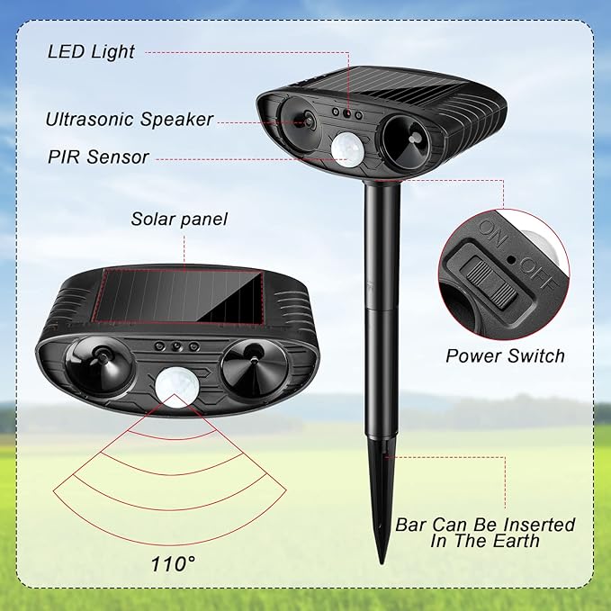 Ultrasonic Animal Repellent Outdoor Solar Powered Repeller Cat Dog Deer Deterrent Waterproof Motion Sensor Deterrent for Yard Garden Rabbit Squirrels Fox Pest(Black, Green,4 Pieces)
