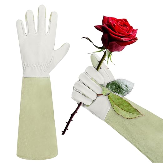 HLDD HANDLANDY Rose Pruning Gloves, Long Thorn Proof Gardening Gloves, Pigskin Leather Gauntlet with Padded Palm for Men & Women, Garden Gifts for Gardener (Large, Beige)